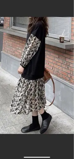 SMILE ORCHID  スウェット＆花柄シフォンドッキングワンピース