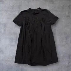 ZARA ザラ 刺繍 チュニック ブラウス M ブラック フリルネック 綿100