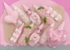 ♥いちごハート 平成女児ネイルチップ♥ 地雷 量産型 ピンク グラデ 姫系