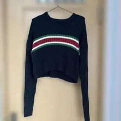 ネイビー リブ編み クロップドニット