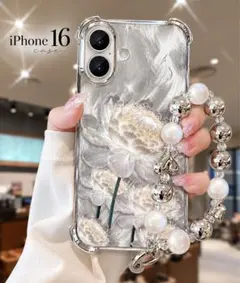 iPhone16 ケース 花柄 牡丹 クリア フラワー ストラップ付き 韓国風