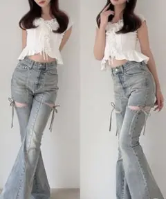 RESEXXY カットアウトリボンデニムパンツ ライトブルー Mサイズ - メルカリ