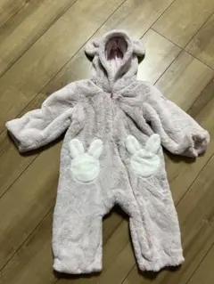 メゾピアノうさぎ耳付き ふわふわカバーオール ピンク