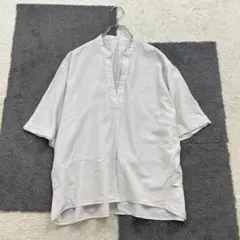 ジーナシス【F】グレー系 半袖シャツ バンドカラー 薄手 微ストレッチ 透け感