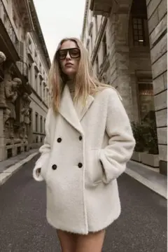 今期完売ZARAブークレダブルブレストミディ丈コート エクリュ ピーコート L