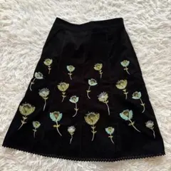 LAURA ASHLEY ひざ丈スカート L 花柄 ブラック コットン　綿