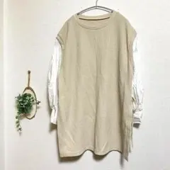 ニットベスト ブラウス 重ね着 オブロングネック ゆったり 体型カバー 無地