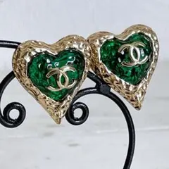 120125 希少☆CHANEL シャネル ハート ココ イヤリング グリーン