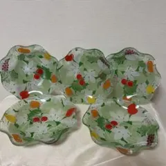 カラフルレトロ可愛いヴィンテージフルーツ模様の波形ガラス皿5枚セット