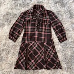 PEYTON PLACEサイズMブラウン・ピンク チェック柄 長袖ミニワンピース