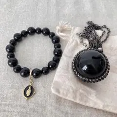 ブラック天然オニキス ビーズブレスレット 黒曜石ボールペンダント ゴシック
