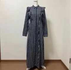 ザラ　ロングワンピース　チェック　ワンピース　ネイビー　春