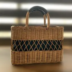 ブラウン/ブラック 編み込みかごバッグ 中型