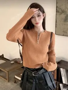 無地柄　ファスナー　リブニット　セーター