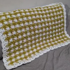 ギンガムチェック柄 手編みブランケット ひざ掛け マルチカバー