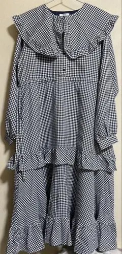 Whinnyギンガムチェック柄フリル襟ロングワンピース