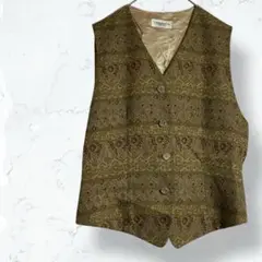 2101＊Lapidaire＊ベスト 金 11BR 前ボタン 前総柄 レトロ模様
