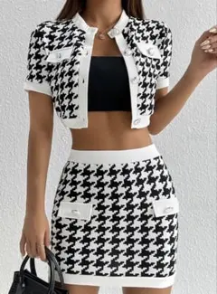 ハウンドトゥース柄ニットセットアップ