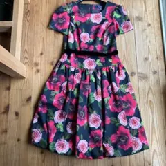 M'SGRACY花柄 半袖ひざ丈バルーンワンピース 黒サイズ36