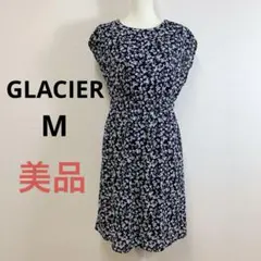 美品 GLACIER 花柄 フレア ワンピース 膝丈 フレンチスリーブ M
