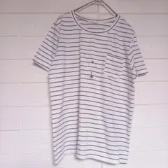 Agua leaf ボーダー半袖Tシャツ　ポケット付き　 白×黒　フリーサイズのサムネイル