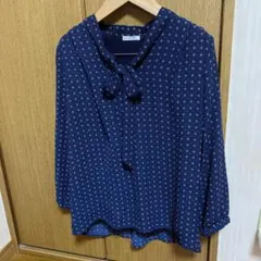 【Honeys】ボウタイブラウス　L　ネイビー　幾何学　七分袖