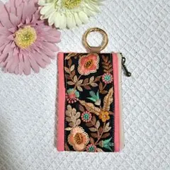 ミニポーチ インド刺繍リボン 背面カードポケットあり ハンドメイド