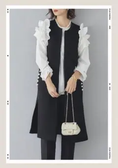 再入荷　ポケットパール ロングベスト　ジレ 黒 frene lumier