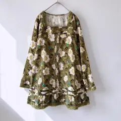 インゲボルグ　花柄長袖チュニック　ピコフリル　レース　美品　グリーン系