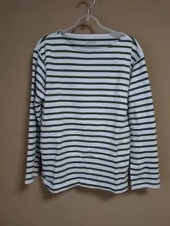 無印良品　太番手ボーダーボートネック長袖Tシャツ　グリーンボーダー　婦人Lサイズ