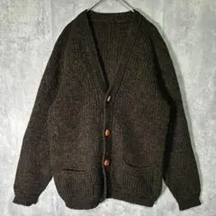 美品 ケーブルニット カーディガン くるみボタン レザー調 ローゲージ 濃茶