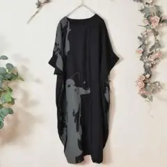 新品 タグ付き L~LL 黒 大きいサイズ モノトーン コクーン ワンピース