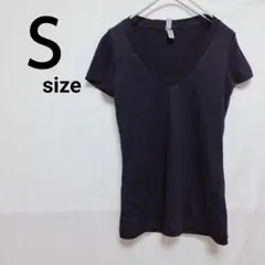 Vネック Tシャツ Ｓ無地 半袖 ブラック シンプル カジュアル レディース古着