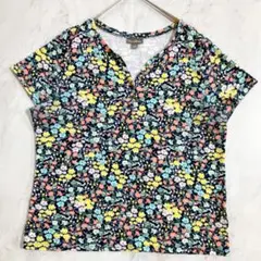 Style&Co 花柄 半袖ブラウス ゆったり 1X ネイビー マルチカラー