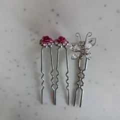 バラと蝶のデザイン ヘアピンセット 3本