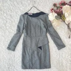 ペプラムワンピース（S）グレー　アシンメトリー　ツイード調