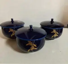香蘭社、蓋付き湯飲み、紺色 花模様 湯飲み 3個セット