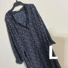 Honeys 花柄　ワンピース　ネイビー　前ボタン　L