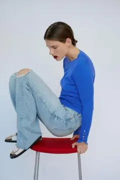 ZARA 袖スリットボタン付きクルーネックセーター長袖丸首ブルー青 春秋冬