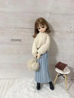 22cmドール服 もこもこ袖ぽわんニット×アイスブルーのスカート♡2点セット