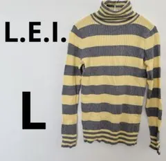 L.E.I. グレー イエロー ボーダータートルネックセーター【L】