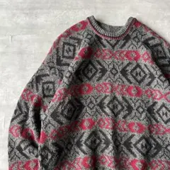 【90年代アメリカ製、総柄ノルディック】ランズエンド古着アメカジウールニットXL