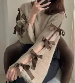 アプレジュールクレア／リボンいっぱいニット／ベージュ／LL