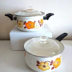 ✨ホーロー両手・片手鍋 2個セット 昭和 レトロ 花柄 【未使用品】