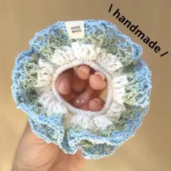 ブルーグリーン·͜·シュシュ‪ ハンドメイド‪ 編み物‪ かぎ針編み 毛糸cw7
