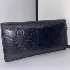 【極美品】グッチ 長財布 二つ折り シマ 小銭入れ 札入れ レザー ブラック 黒