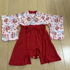 袴ロンパース　赤ピンク花柄 着物スタイルドレス 80cmひな祭り