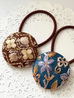 【No.318】インド刺繍 くるみボタン38㎜ ヘアゴム 2個セット