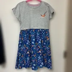 オーガニックコットン　鳥の刺繍入半袖ワンピース グレーと青の鳥花柄