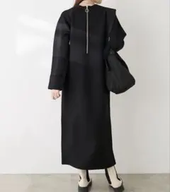 natural couture ボトルネックハーフzipダンボールワンピース黒